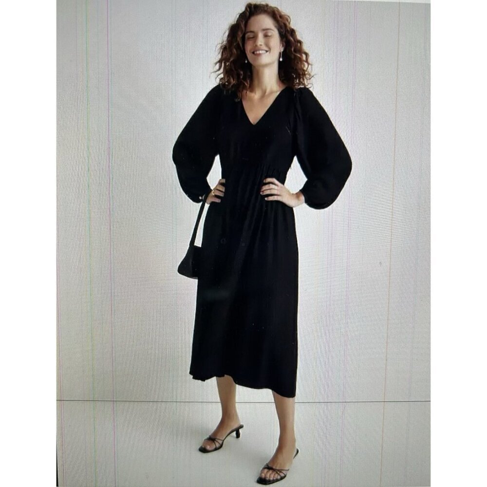Madewell V-Neck Balloon Sleeve Empire Midi Dress In Black NO147 Size M